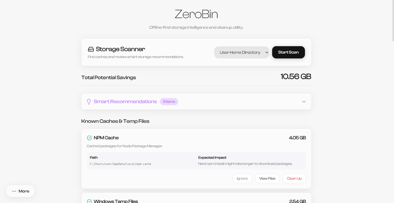 ZeroBin desktop app showing storage scanner, smart recommendations and cache list